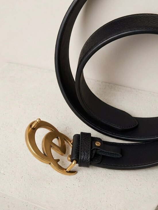Black Pebbled Leather Fashion Belt Gold Double G Buckle - Size Small